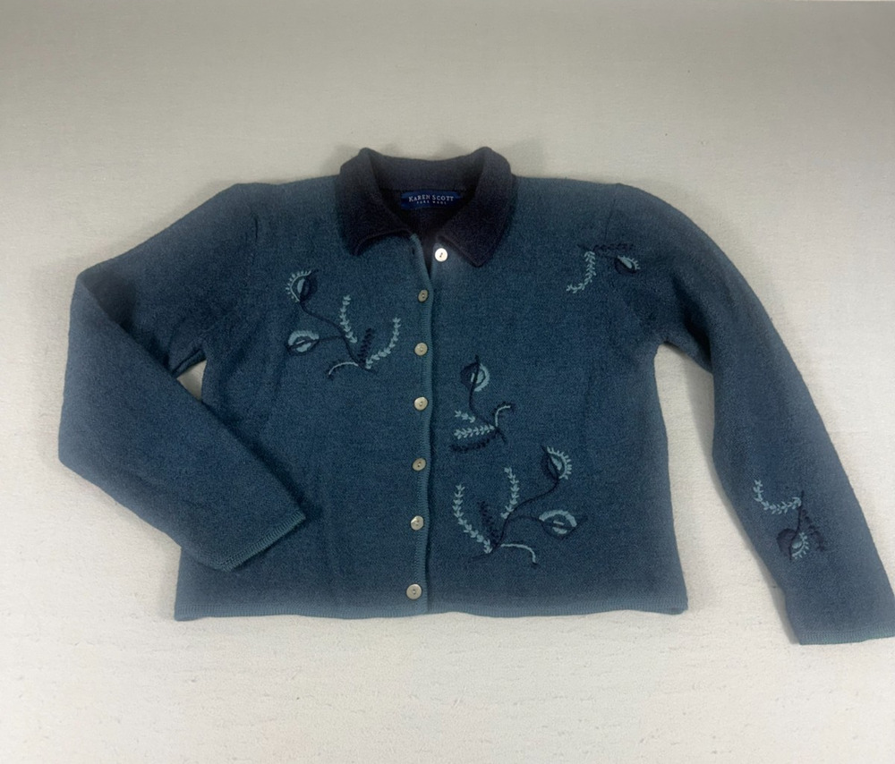 Vintage Karen Scott 100% Wool Cardigan Sweater Womens M Blue Australia Embroider